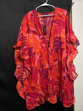 Tie-Front Red & Pink Tropical Ruffle Swim Cover-Up